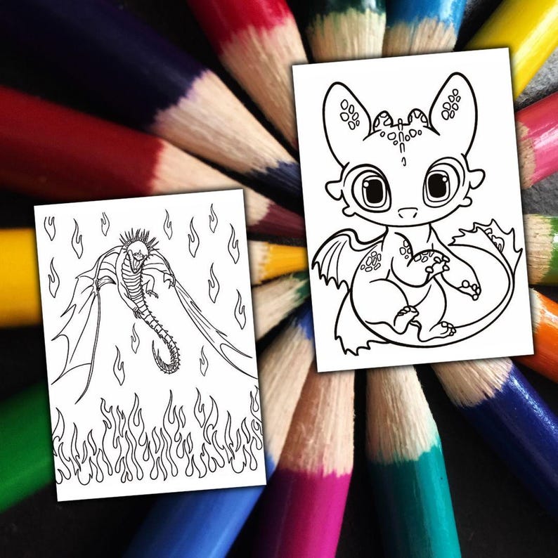 May include: Two black and white dragon colouring pages are displayed against a background of colourful pencils. One page features a dragon with flames, and the other shows a cute dragon with large eyes and wings. The pencils are arranged in a radial pattern.