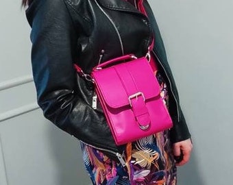 Pink Leather phone bag, mini bag, cell phone purse, cell phone bag, handmade gift, crossbody phone bag, handstiched bag, old money bag.