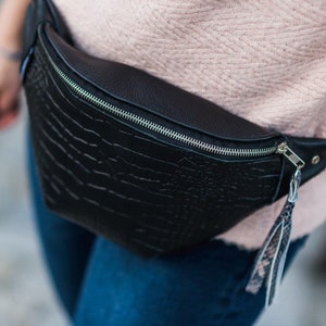 Leather hip bag, black leather belt bag for women, crossbody mini bag, funny pack, gift for her, waist bag. image 1