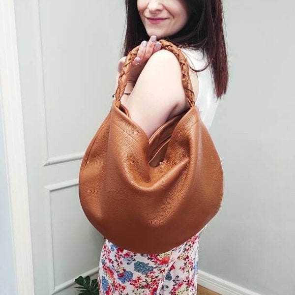 Leather hobo bag, caramel hobo bag, slouchy bag, shoulder bag, braided handle, bags for women, shloulder leather bag, boho bag