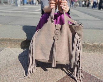 Large tote bag, Gray leather bag, Oversized shopper bag, Slouchy bag, Hobo bags, Leather big bag, Large bag with fringes.