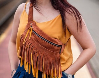 Hip bag with tassles, Boho Leather waist bag, leather hip bag, leather belt bag, brown suede hip bag, gift for her, bum bag.