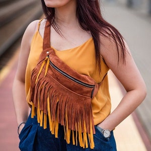 Hüfttasche mit Quasten, Boho-Leder-Hüfttasche, Leder-Hüfttasche, Leder-Gürteltasche, braune Wildleder-Hüfttasche, Geschenk für sie, Bauchtasche.