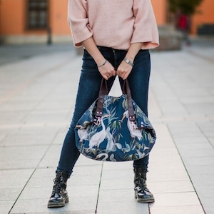 Hobo slouchy everyday bag, Printed bag with aubergine leather stripes. Small shoulder bag, slouchy hobo bag, womens bag with zipper closure.