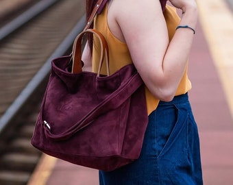 Burgundy Hobo tote, Leather tote bag, Slouchy tote bag, Leather tote bag, oversized tote with waterproof lining, gift for her.