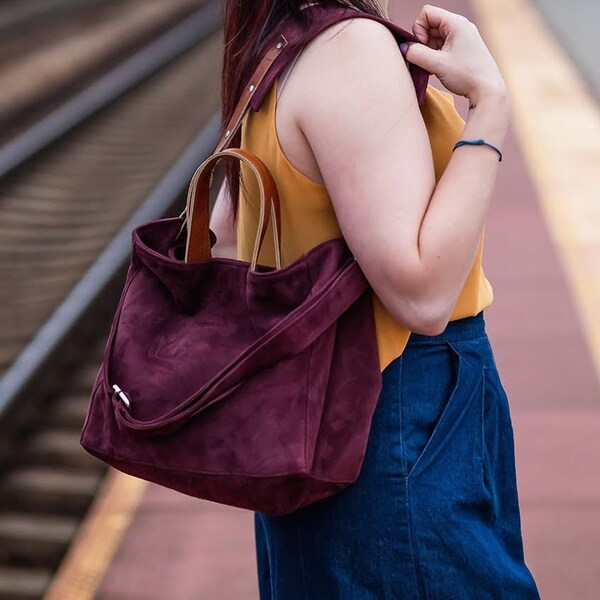 Burgundy Hobo tote, Leather tote bag, Slouchy tote bag, Leather tote bag, oversized tote with waterproof lining, gift for her.