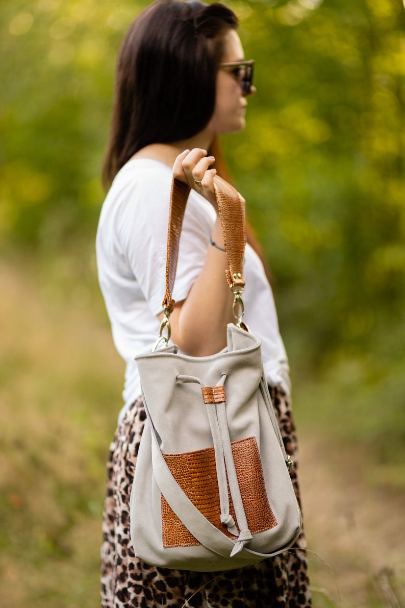 Leather bucket bag, suede bucket bag, drawstring bag, gift for her, boho bag, bucket purse, hippie bag, vegan bucket bag, hobo bag image 2