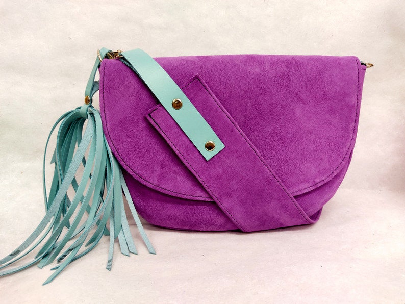 Violet saddle bag, suede hip bag, suede belt bag for women, crossbody mini bag, funny pack, gift for her, christmas gift, zebra lining. image 4