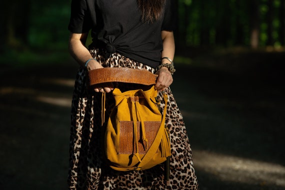 Leather Bucket Bag Women | Mustard Suede Drawstring Purse  display picture 1