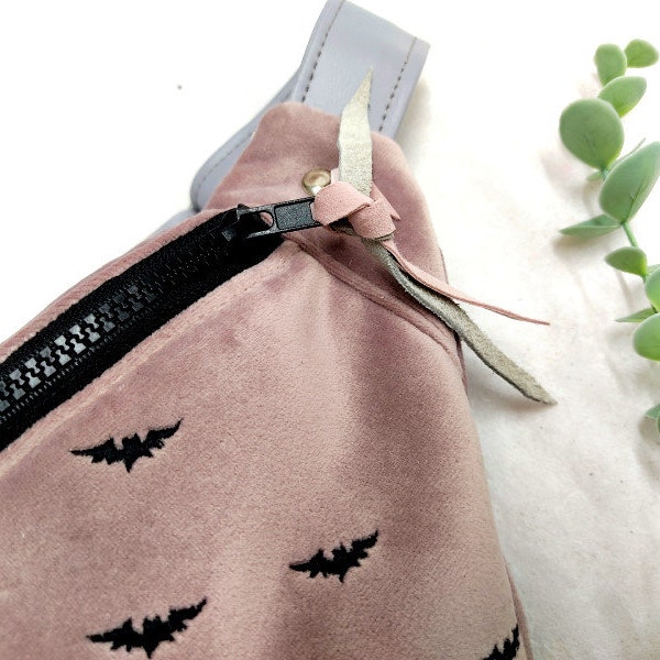 Halloween candy bag, Pink faux suede hip bag, waist bag, funny pack, gift for her,  belt bag, embroidered bag, bat embroidery, fall