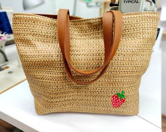 Straw bag, rattan bag, handmade bag, gift for her, straw tote leather straps, boho bag, straw purse, shoulder bag, beach bag, strawberry bag