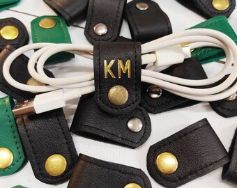 Cable Organizer Initials, Personalized gift, Christmas gift for him, Leather Small Gift, Groomsnem Gift, Leather Cord Wrap, Cable Holder.