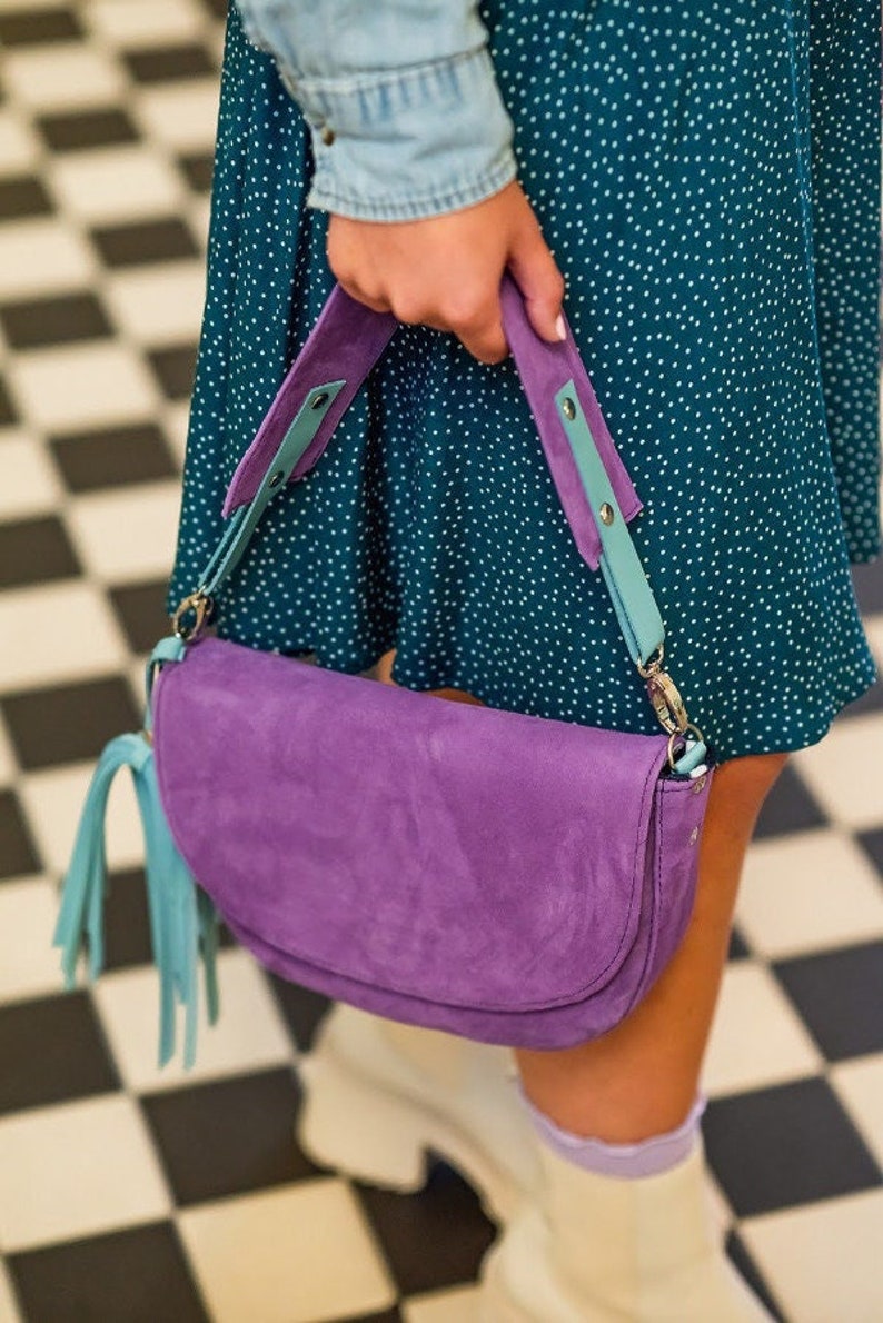 Violet saddle bag, suede hip bag, suede belt bag for women, crossbody mini bag, funny pack, gift for her, christmas gift, zebra lining. image 1