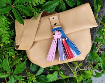 Funky handbad,  gift for her, Leather small bag with tassle, mini crsossbody, leather bag, colorful tassle, bag with two straps.