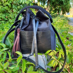 Leather bucket bag, black faux suede bucket bag, drawstring bag, gift for her, boho bag, bucket purse, vegan bag, vegan bucket bag, boho bag