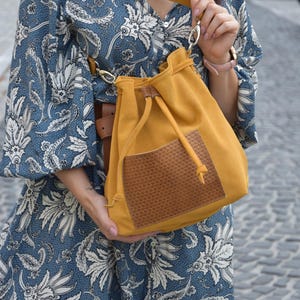 Leather bucket bag, Suede bucket bag, Mustard Hippie bag, drawstring bag, gift for her, boho bag, hobo bag, Bucket purse.