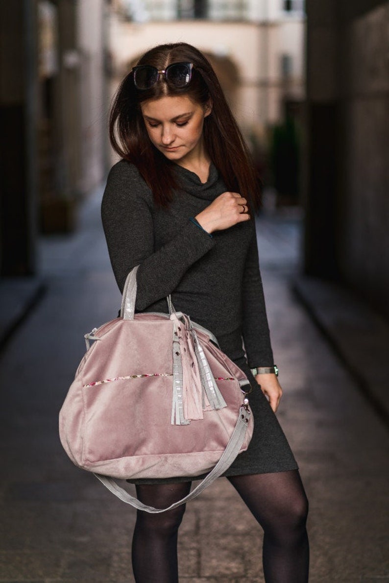 Pink faux suede weekender tote, leather travel bag, Weekender bag, large tote bag, Diaper bag, overnight bag, tassle, travel duffle bag image 2