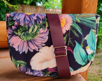 Floral saddle bag, hip bag, faux suede belt bag for women, crossbody mini bag, funny pack, gift for her, vegan suede