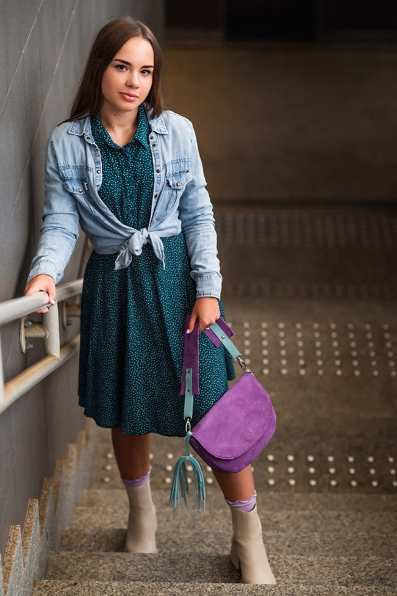 Violet saddle bag, crossbody mini bag, suede hip bag, suede belt bag for women, funny pack, gift for her, christmas gift, zebra lining. image 4