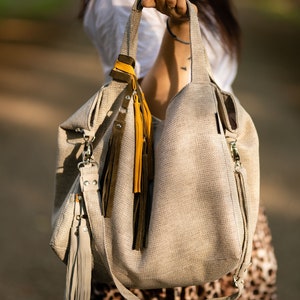 Grey canvas bag with yellow leather stripes. Hobo purse everyday bag small shoulder bag slouchy hobo bag small womens bag