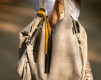 Grey canvas bag with yellow leather stripes. Hobo purse everyday bag small shoulder bag slouchy hobo bag small womens bag