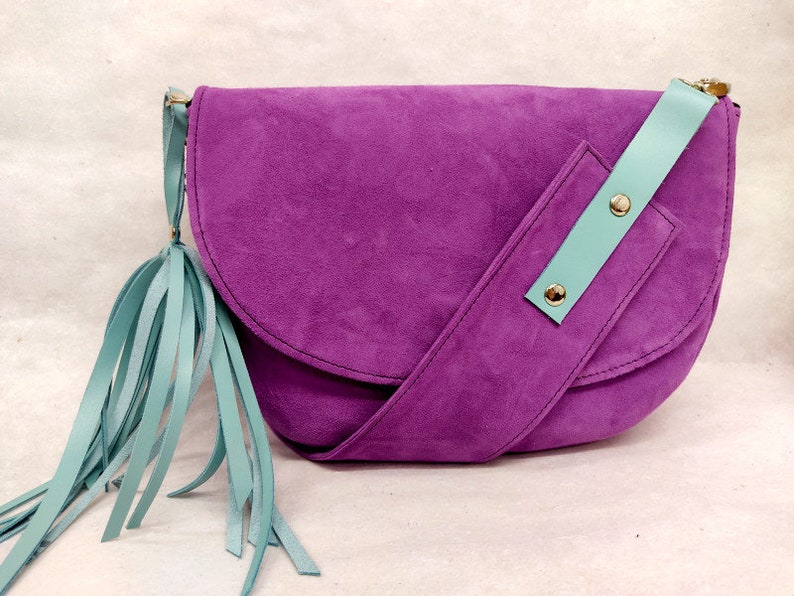 Violet saddle bag, crossbody mini bag, suede hip bag, suede belt bag for women, funny pack, gift for her, christmas gift, zebra lining. image 2