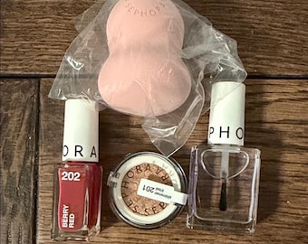 Sephora Mini Makeup Sponge, Berry Red Nail Polish, Eyeshadow Set