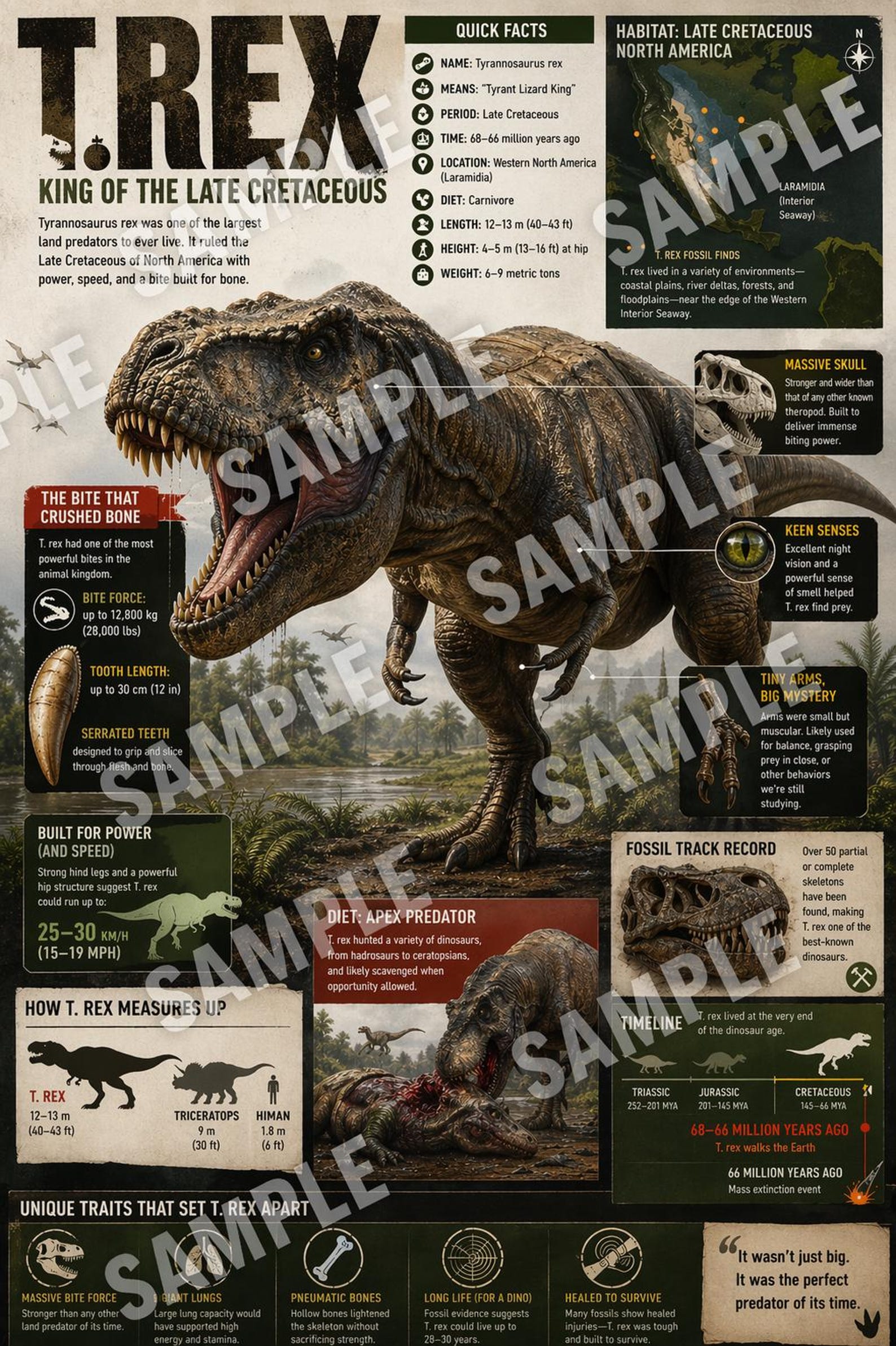 T Rex Dinosaur Infographic Printable | Educational Wall Art for Kids ...