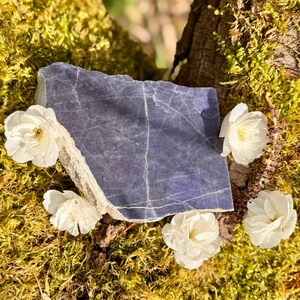 May include: A rectangular, dark blue stone with white veining, resting on a bed of green moss and surrounded by white flowers. The stone has a rough, natural edge and a smooth, polished surface. The flowers have multiple white petals and yellow centers.