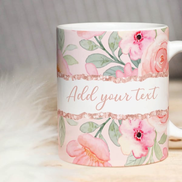 DIY mok aangepaste tekst - roze bloemenpatroon, PNG voor sublimatiebestand. Voeg uw tekst, bloemmotief-transferontwerp toe - direct downloaden