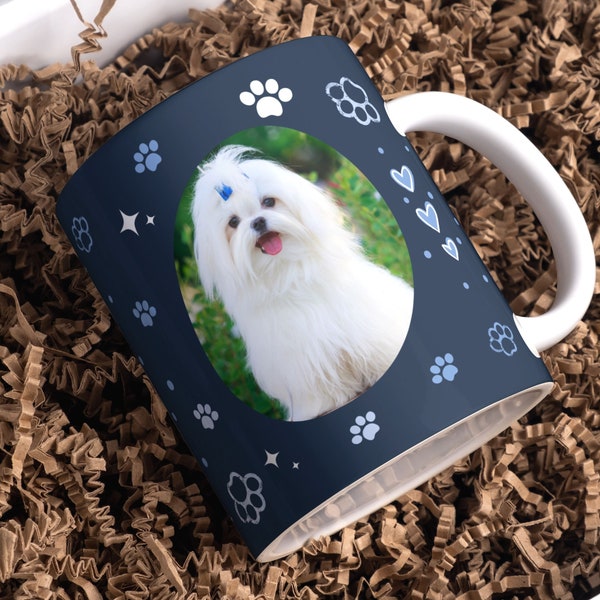 Dog Mug Wrap PNG Template, Paw Pattern Sublimation PNG, Editable Template in Canva, Blue Photo Mug Pattern, Dog Mug Wrap, Instant Download