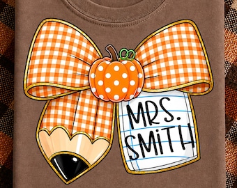Teacher Retro Pencil Bow Paper PNG, Fall Pumpkin Sublimation, Custom Name Design, Digital Download.