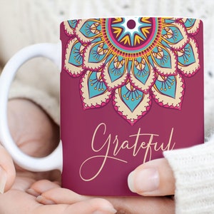 Mandala Sublimation Mug Design, Mandala PNG Template Design, Grateful Mug Wrap Transfer Design PNG, Grateful Mandala Mug, Thanksgiving Gift.