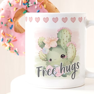 Sublimation PNG Vorlage, Free Hugs, niedlicher lustiger Kaktus, Becherverpackung PNG Datei für Sublimation. PNG Instant Access Tasse Wrap Transfers 11oz, 15oz