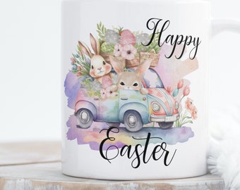 Watercolor Easter Bunnies Sublimation Design - Transparent PNG Files - Floral Easter Bunnies, Car Bunny and Flowers, Mug Design PNG