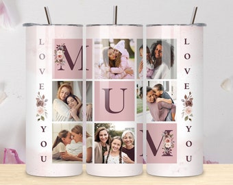 Mum Photo Tumbler PNG File for Sublimation. Mom Floral Tumbler Photo Grid, Tumbler Wrap 20 oz, Skinny Tumbler PNG File, Instant Download.