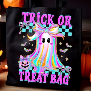 May include: Black tote bag with a colorful ghost design. The ghost has a bow and is surrounded by bats, stars, and a pumpkin. Text on the bag reads "Trick or Treat Bag" in pink and blue. The words "PNG - INSTANT DOWNLOAD" are at the bottom.