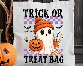 May include: White tote bag with a Halloween-themed design. The design features a cartoon ghost wearing an orange beanie, holding a drink and a jack-o'-lantern. The text "TRICK OR TREAT BAG" is printed on the bag, along with bats and stars.