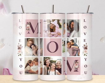 Mom Photo Tumbler PNG File for Sublimation, Mom Floral Tumbler Photo Grid, Tumbler Wrap 20 oz, Skinny Tumbler PNG File, Instant Download.