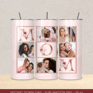 Mom Photo Tumbler PNG File for Sublimation, Mom Floral Tumbler Photo Grid, Tumbler Wrap 20 oz, Skinny Tumbler PNG File, Instant Download. image 1