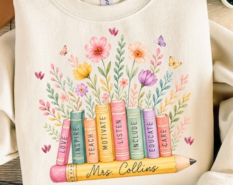 Teacher Pencil Split Name Frame PNG, Wildflower Books Sublimation Design, Editable Text.