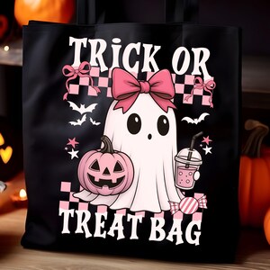May include: Black Halloween tote bag with a ghost illustration wearing a pink bow. The bag features the text "TRICK OR TREAT BAG" in white, along with a pink pumpkin, bats, and a drink. The words "PNG - INSTANT DOWNLOAD" are at the bottom.