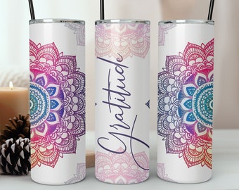 Mandala Gratitude Tumbler Sublimation Design, 20 oz Skinny Tumbler (PNG File)
