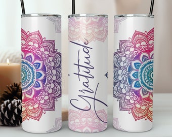 Sublimation Tumbler Design, Mandala PNG File Design, Gratitude Tumbler PNG, Tumbler Wrap 20 oz Skinny Tumbler PNG File - Instant Download.