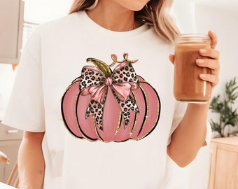 Retro Pink Pumpkin Leopard Bow PNG, Fall Sublimation (Digital Download)