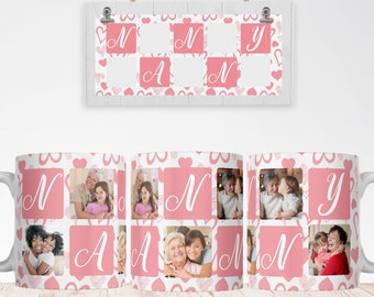 Nanny Photo Grid Heart Mug PNG, Grandmother Sublimation Digital Paper, Grandma Custom Photo Mug Gift, Heart Pattern Mug Transfer Wrap PNG.