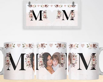 MOM Heart Frame Photo Mug PNG, Mom Floral Mug PNG, Photo Template for Sublimation, Mother's Day gift, Wrap Transfers Design High-Resolution.