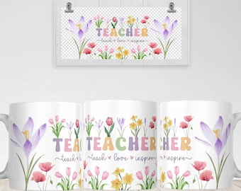 Tech Love Inspire Mug Sublimation PNG File. Teacher Floral Mug PNG, Teacher Mug PNG, Teacher Gift Mug, Teacher Appreciation Transfer Wrap.