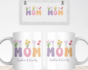 Mom Floral Mug Sublimation PNG, Custom Kids Names, Mother's Day Gift (Digital Download)