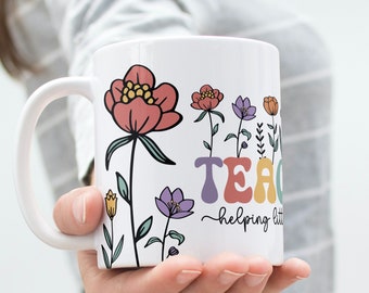 Teacher Mug Sublimation PNG File. Teacher Floral Mug PNG, Helping Little Minds Grow Mug PNG, Teacher Gift Mug, Teacher Wildflowers Mug Png.